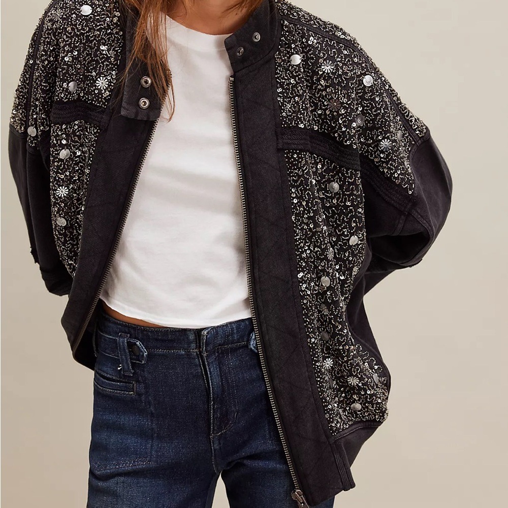 NWT Free People Sparkle Sweatshirt Sequin Zip-Up Jacket Oversized Black Combo M